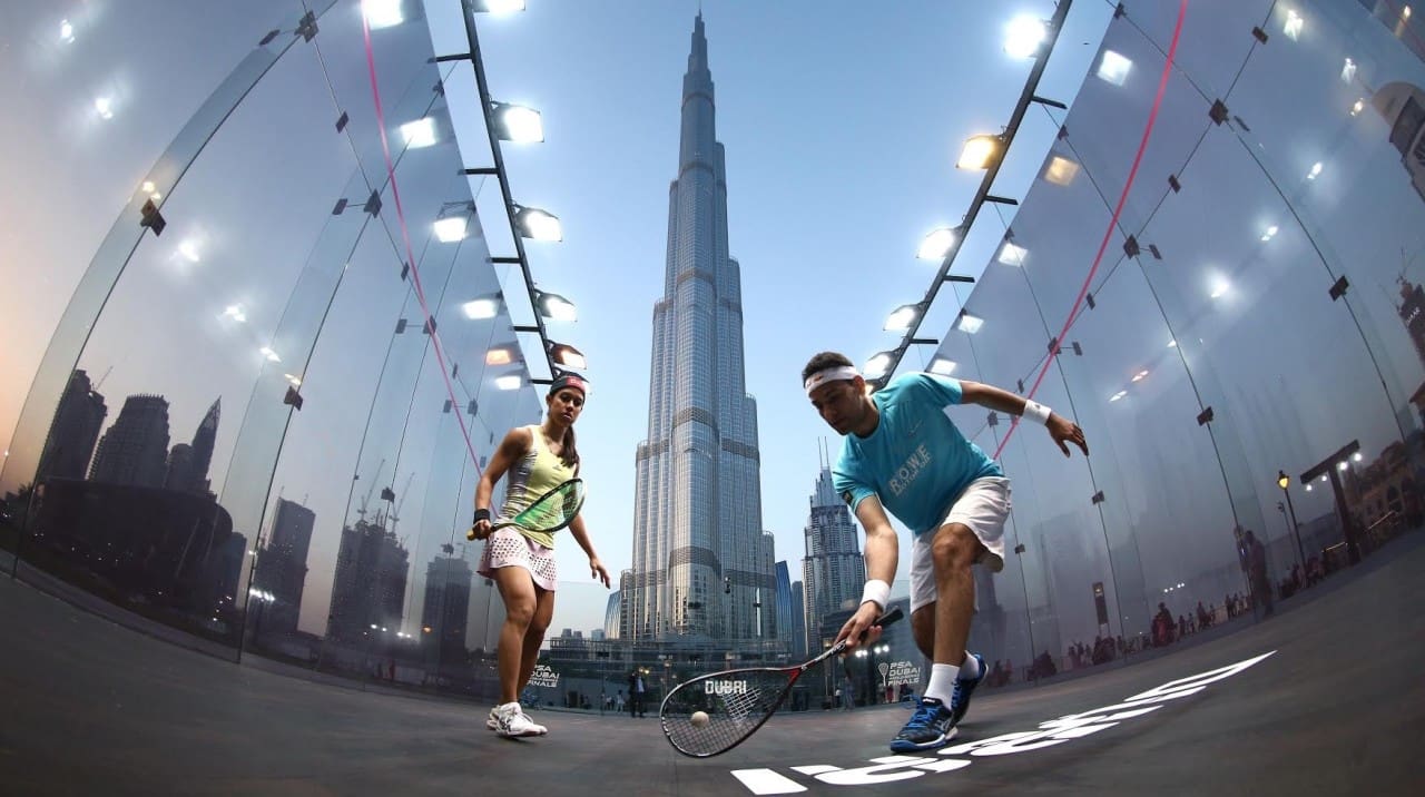 Squash world number one Mohamed Elshorbagy of Egypt took on eight time world champion Nicol David of Malaysia at Burj Park Downtown Dubai will be the venue for the PSA Dubai World Series Finals on May 24-28, pictured on April 10, 2016 in Dubai, United Arab Emirates. (Photo by Warren Little/Getty Images)
